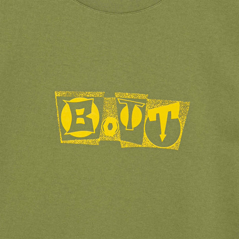 Yellow graphic print reading BOTT, with stylised letters in shapes, on an olive green t-shirt.