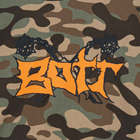 Orange stylised lettering reading "BOTT" with spiked ball ornaments on a green, brown and tan camouflage background.