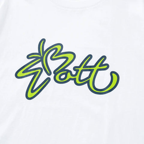 Lime green and dark navy script logo reading "Bott" with a palm tree motif, printed on a white garment.