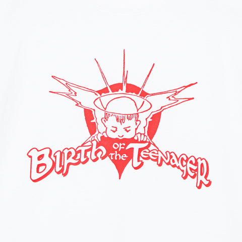 Red line drawing of a cartoon baby with a spiky halo and lightning bolts above, above the words 'Birth of the Teenager' in red on white.