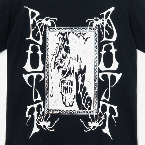 Black t-shirt with a white print of the word BOTT in ornate gothic letters on each side, framing a skull inside a decorative border.