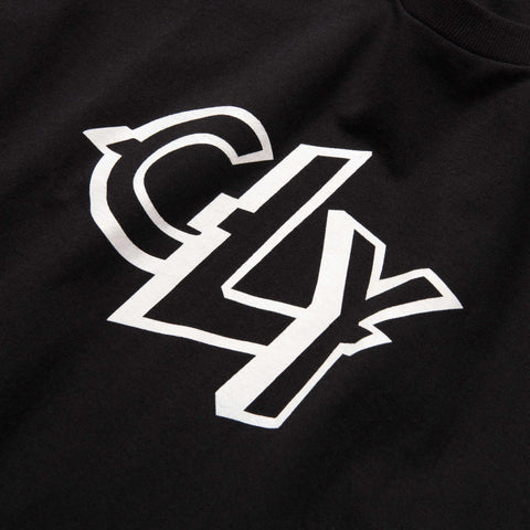 Close-up of a black garment with a large white outlined logo of the letters C, L and Y in a stylised, interlocking design.
