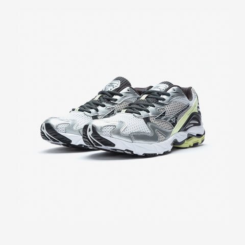 Pair of silver and grey running shoes with black accents and pale yellow-green side panels, shown from a front three-quarter angle on a white background.