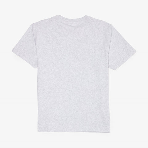 Back view of a light heather grey short-sleeve crew neck t-shirt laid flat on a white background.
