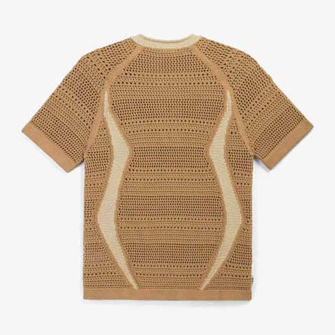 Tan open-knit short-sleeve crew-neck top with a mesh texture and cream vertical wave-stripe panels down the front, shown flat.