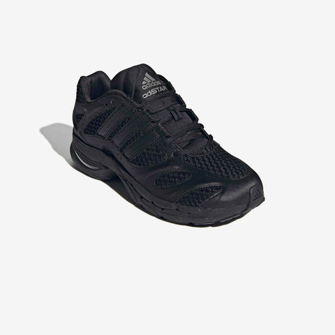 Black Adidas Adistar running shoe with mesh upper, three stripes, and a black sole, shown at a three-quarter angle on a white background.