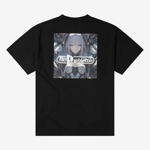 Black short-sleeve t-shirt with a square anime-style graphic on the back showing a silver-haired character above the words "No Problemo".