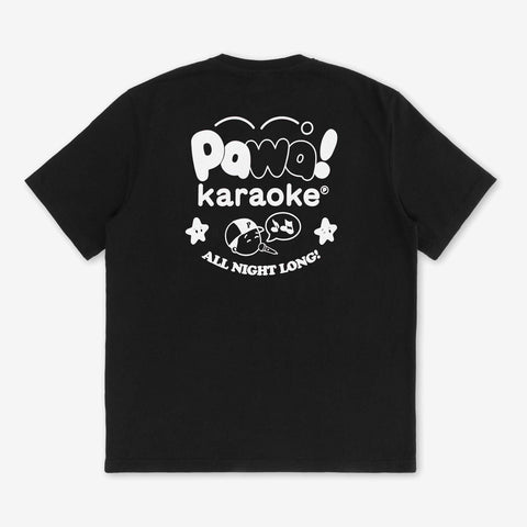 Black short-sleeve t-shirt with white print on the back reading "Pawa! karaoke", a cartoon character, two stars, and "ALL NIGHT LONG!