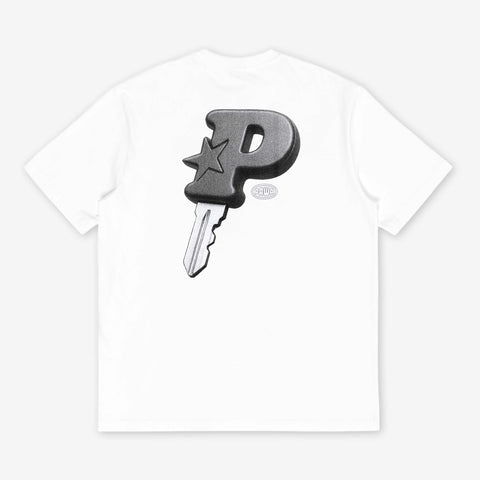 White short-sleeved t-shirt with a large black key graphic on the back, its bow shaped like a letter P with a star.