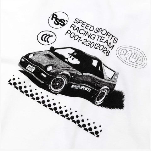 White t-shirt graphic of a black-and-white sports car with a "SPEED SPORTS RACING TEAM" text and "PSS" and other logos.