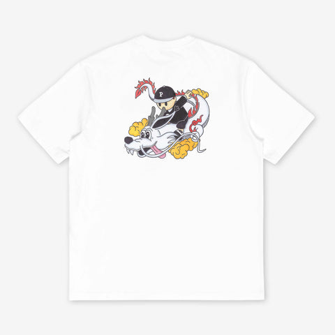 White short-sleeve t-shirt, back view, with a cartoon character in a black cap riding a white dragon amid yellow clouds.