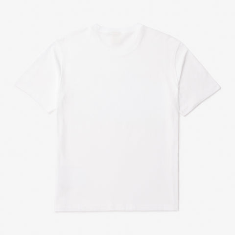 White short-sleeved crew neck t-shirt laid flat against a plain light grey background, front view.