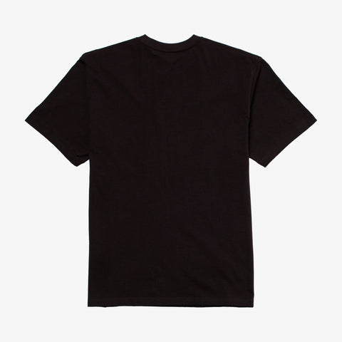 Back view of a black short-sleeved crew neck t-shirt laid flat on a white background.